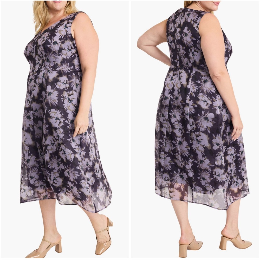 🛼Maggy London Purple Floral sleeveless  Organza A-Line Midi Dress size 22W NWT..